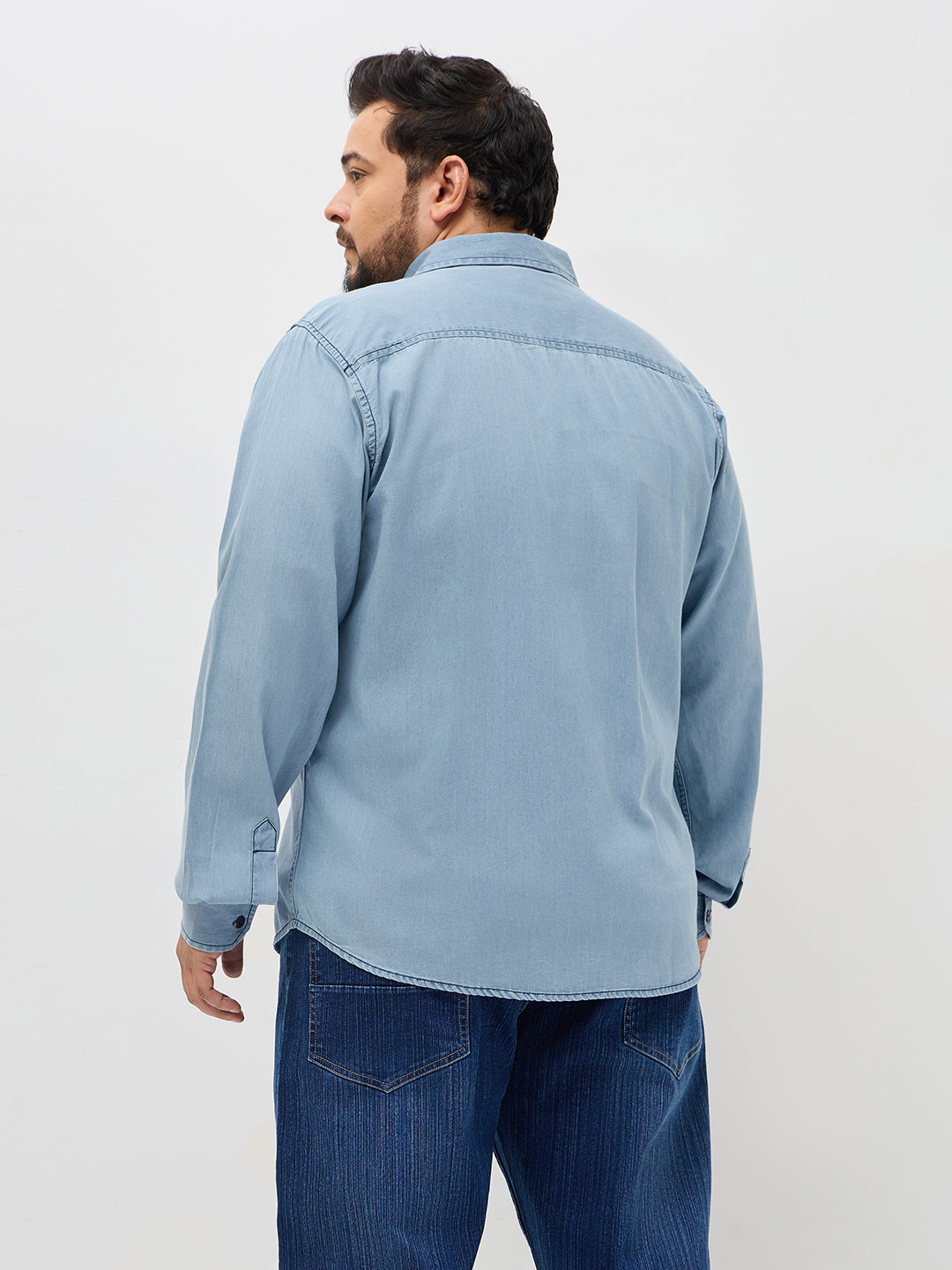 Plus Men's Ice Blue Regular Fit Full Sleeve Solid Denim Shirt