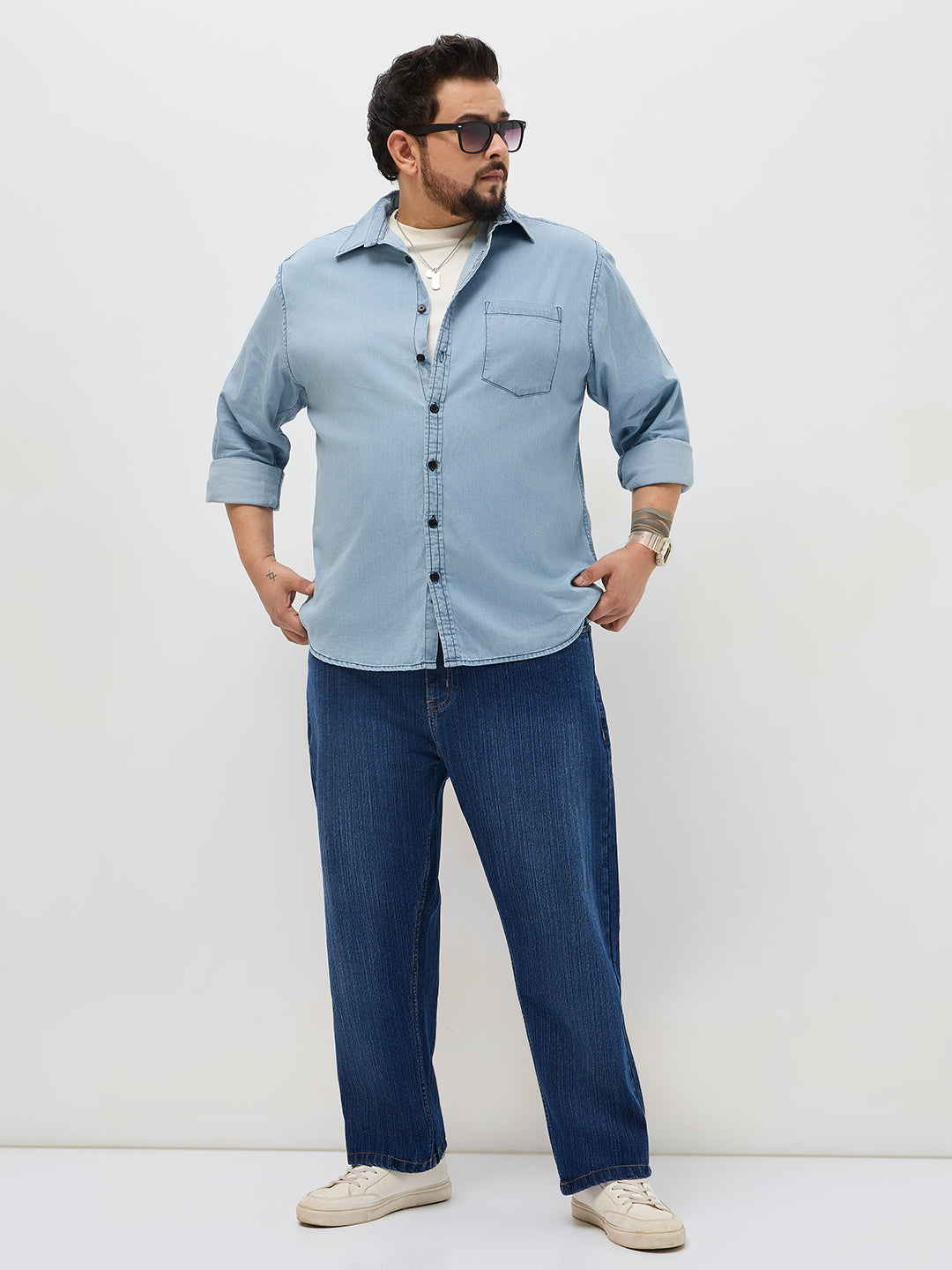 Plus Men's Ice Blue Regular Fit Full Sleeve Solid Denim Shirt