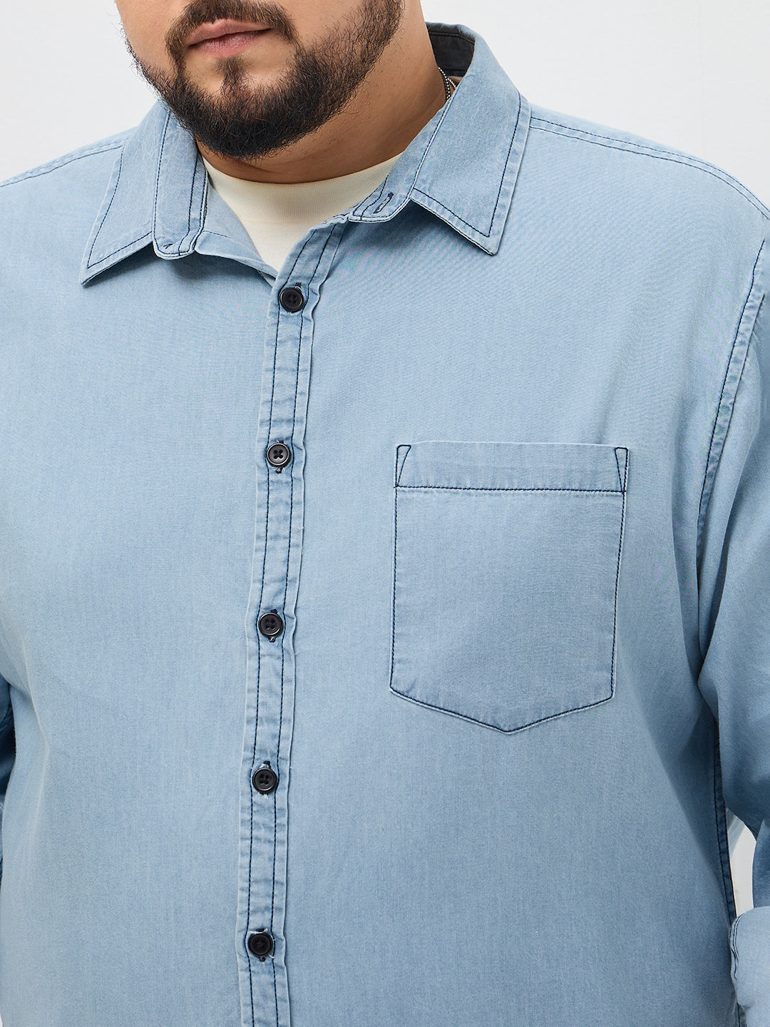 Plus Men's Ice Blue Regular Fit Full Sleeve Solid Denim Shirt
