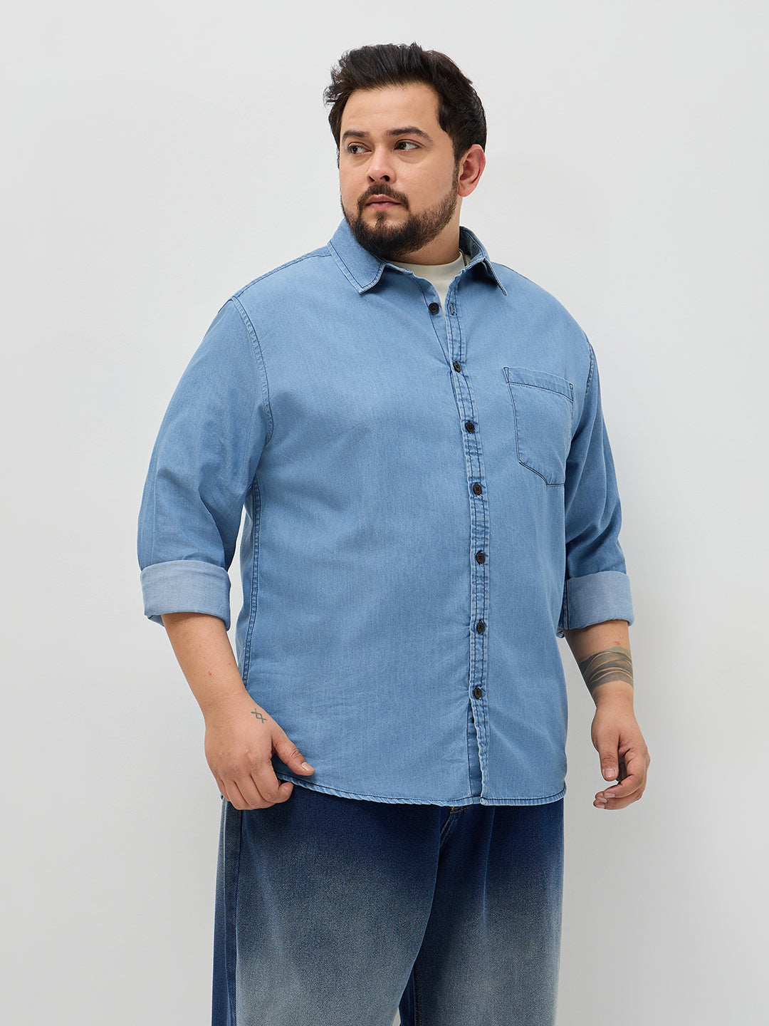 Plus Men's Light Blue Regular Fit Full Sleeve Solid Denim Shirt