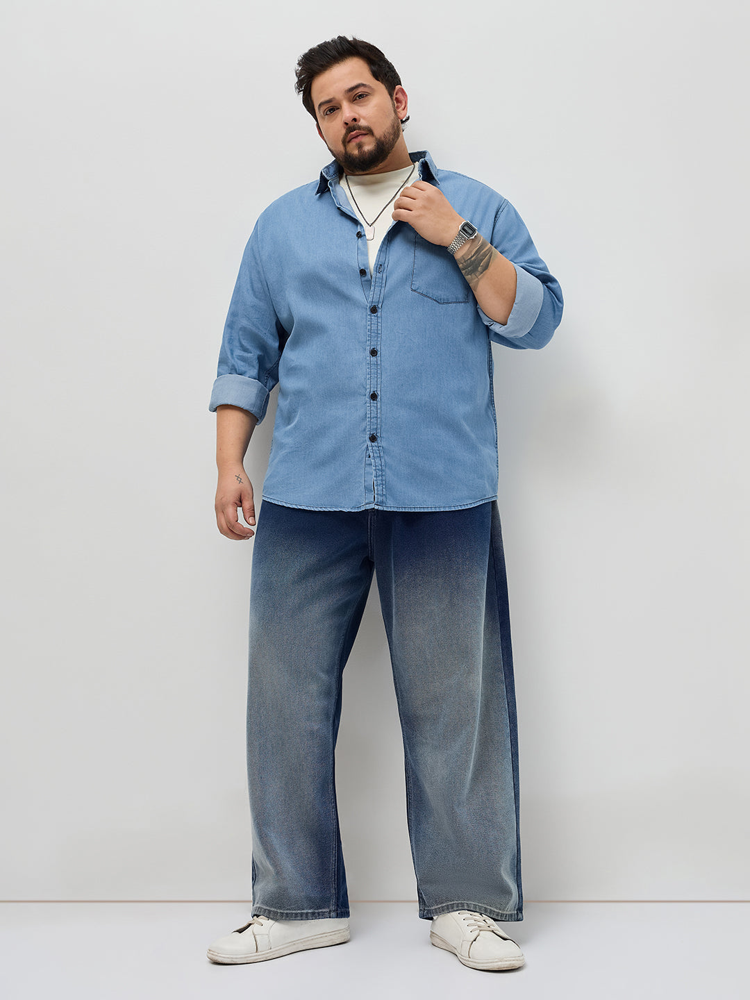 Plus Men's Light Blue Regular Fit Full Sleeve Solid Denim Shirt