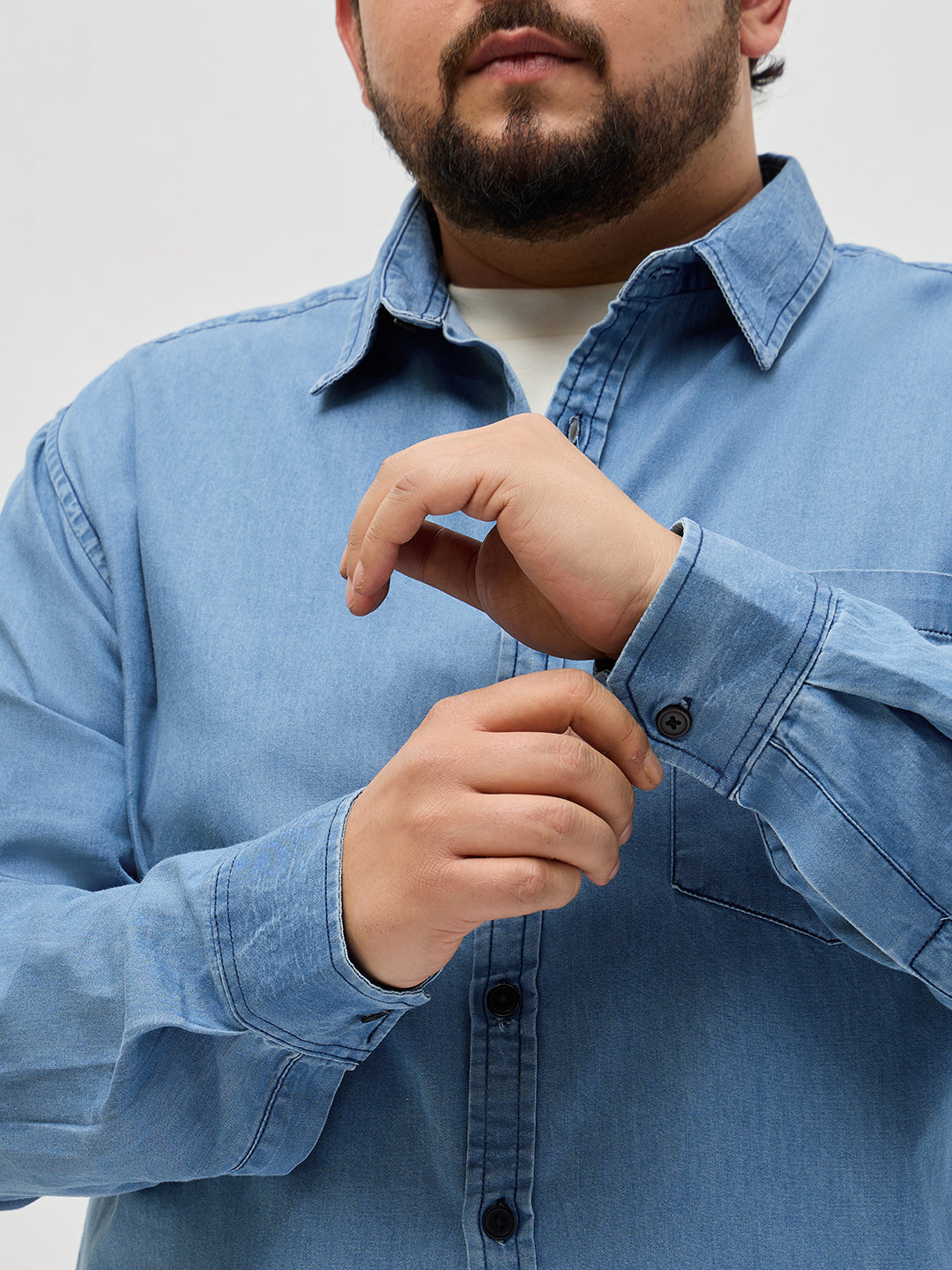 Plus Men's Light Blue Regular Fit Full Sleeve Solid Denim Shirt