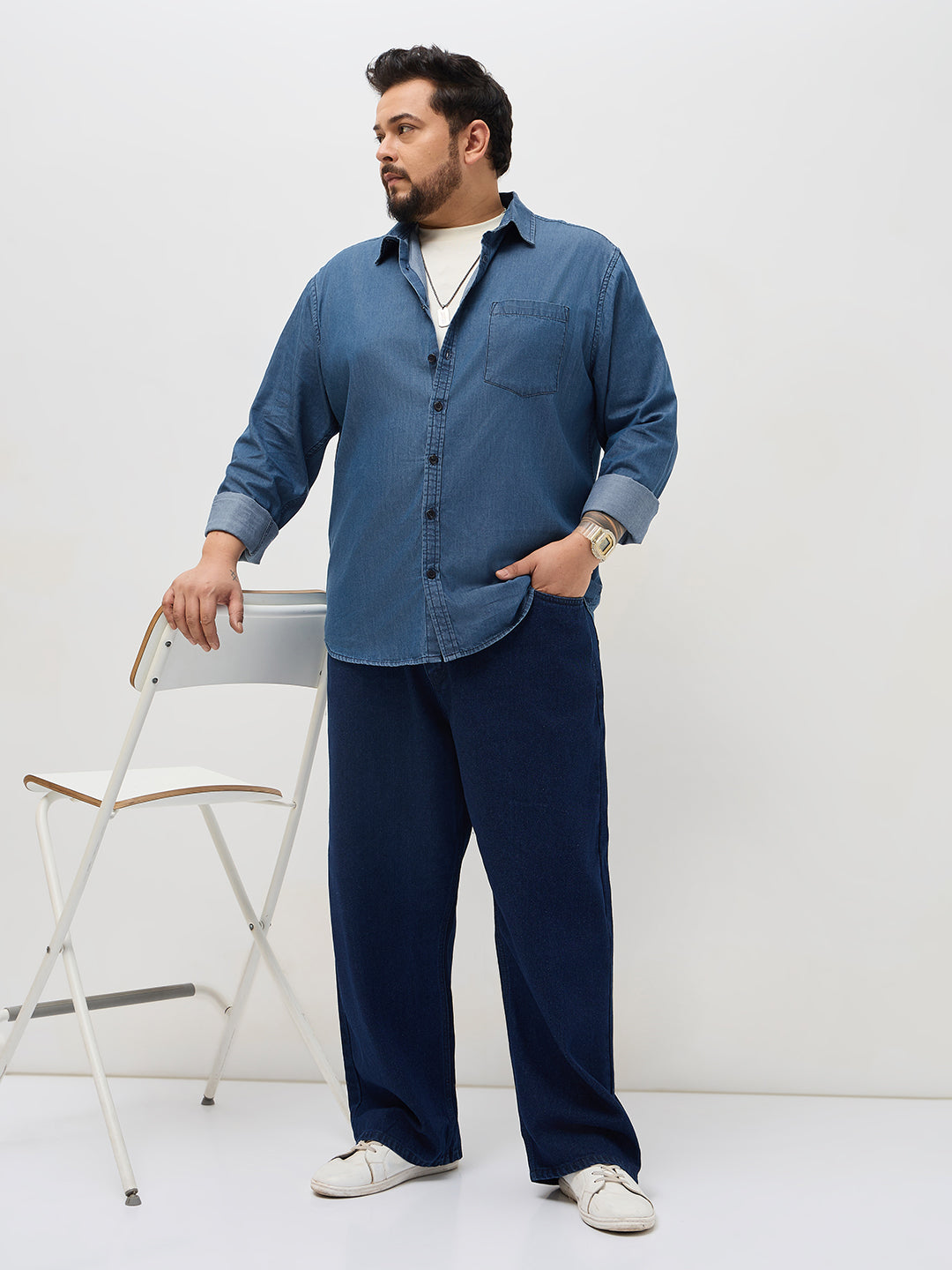 Plus Men's Blue Regular Fit Full Sleeve Solid Denim Shirt