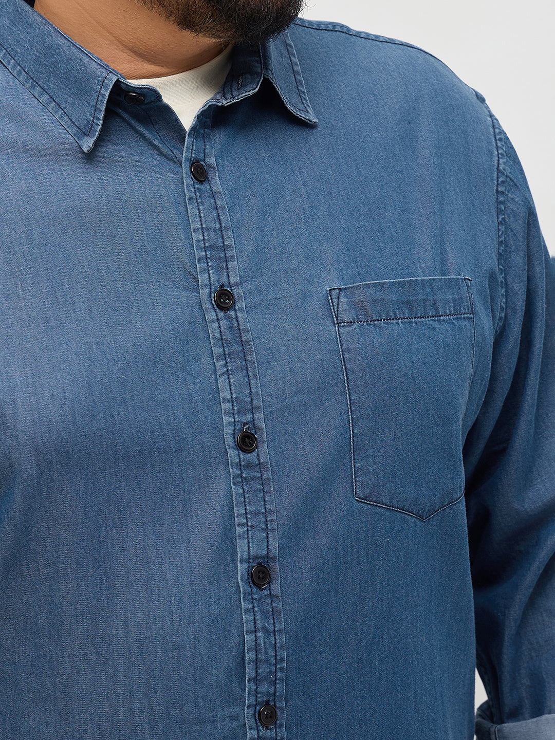 Plus Men's Blue Regular Fit Full Sleeve Solid Denim Shirt