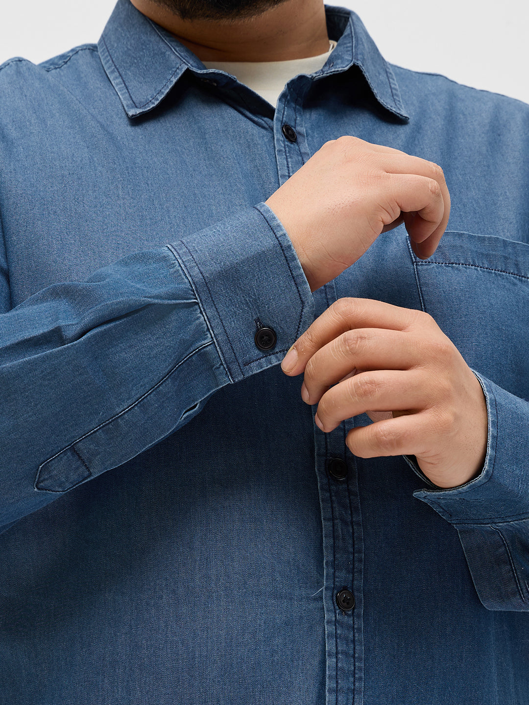 Plus Men's Blue Regular Fit Full Sleeve Solid Denim Shirt