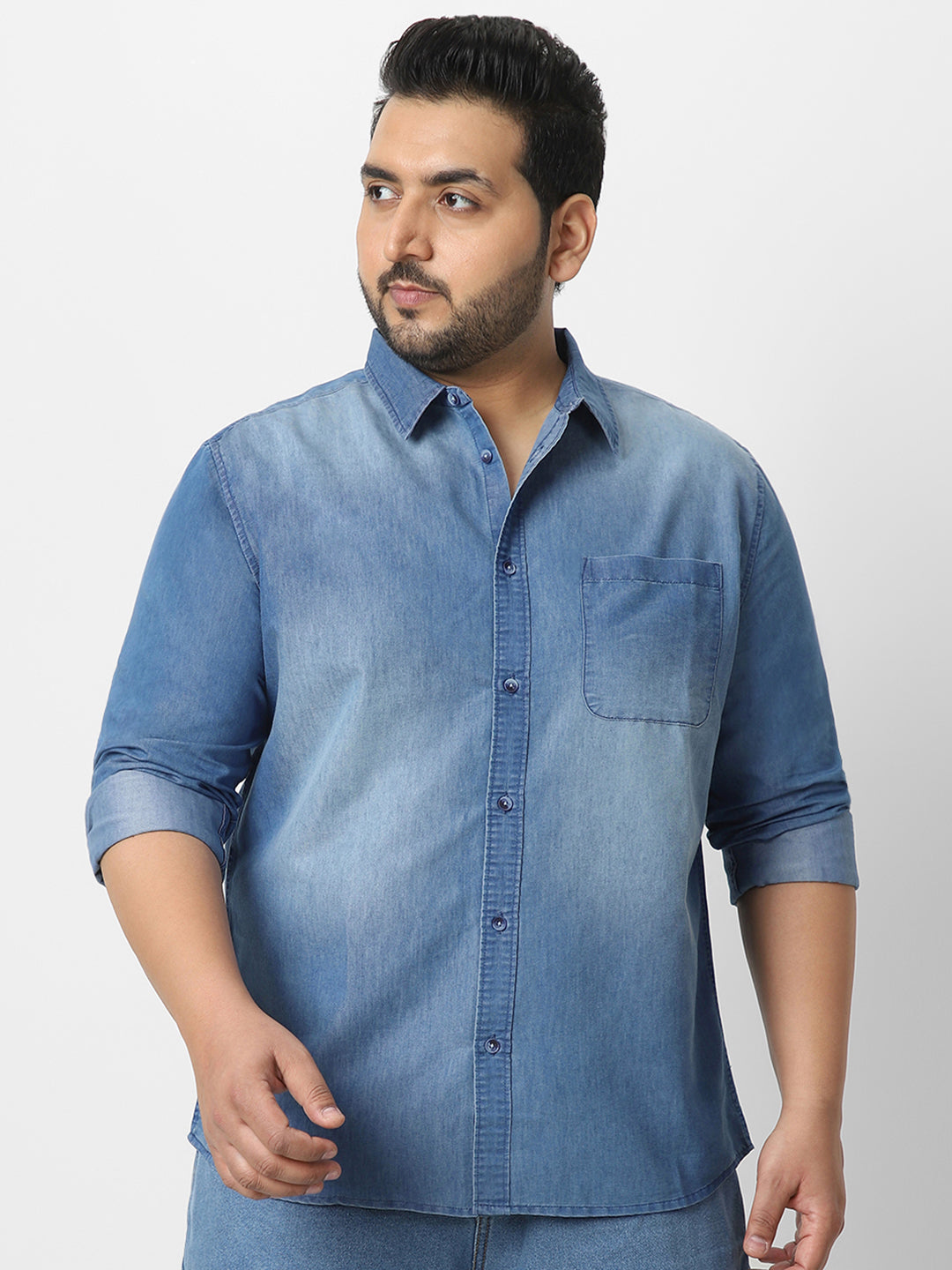 Plus Men's Light Blue Full Sleeve Regular Fit Casual Denim Shirt