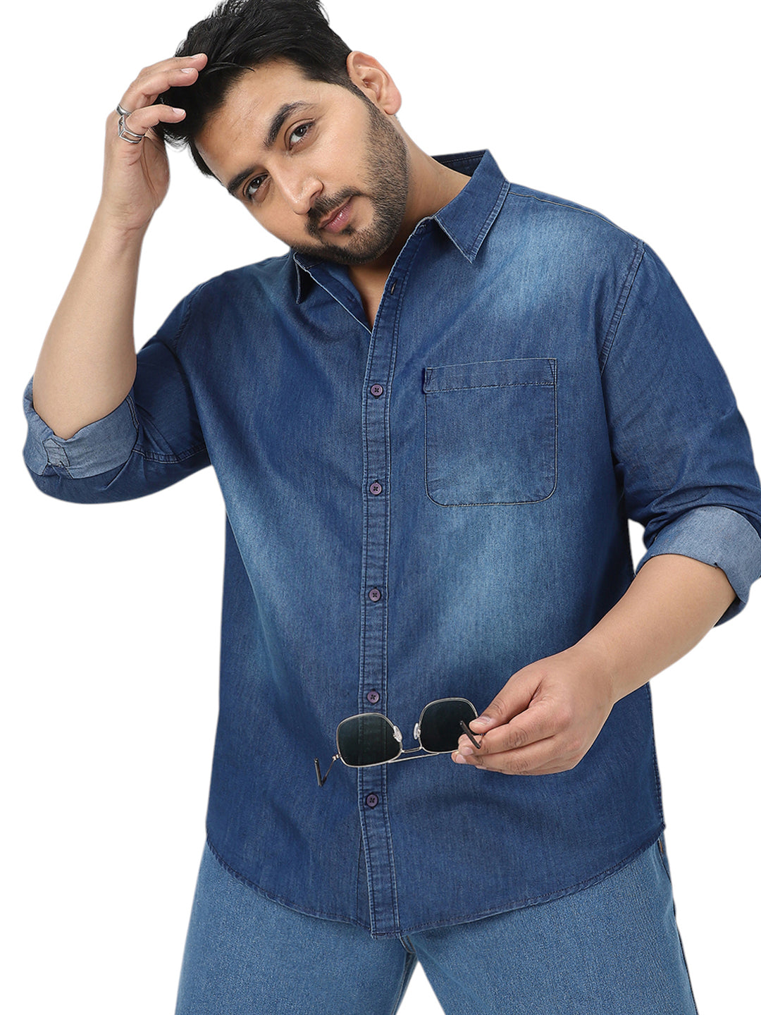 Plus Men's Blue Full Sleeve Regular Fit Casual Denim Shirt