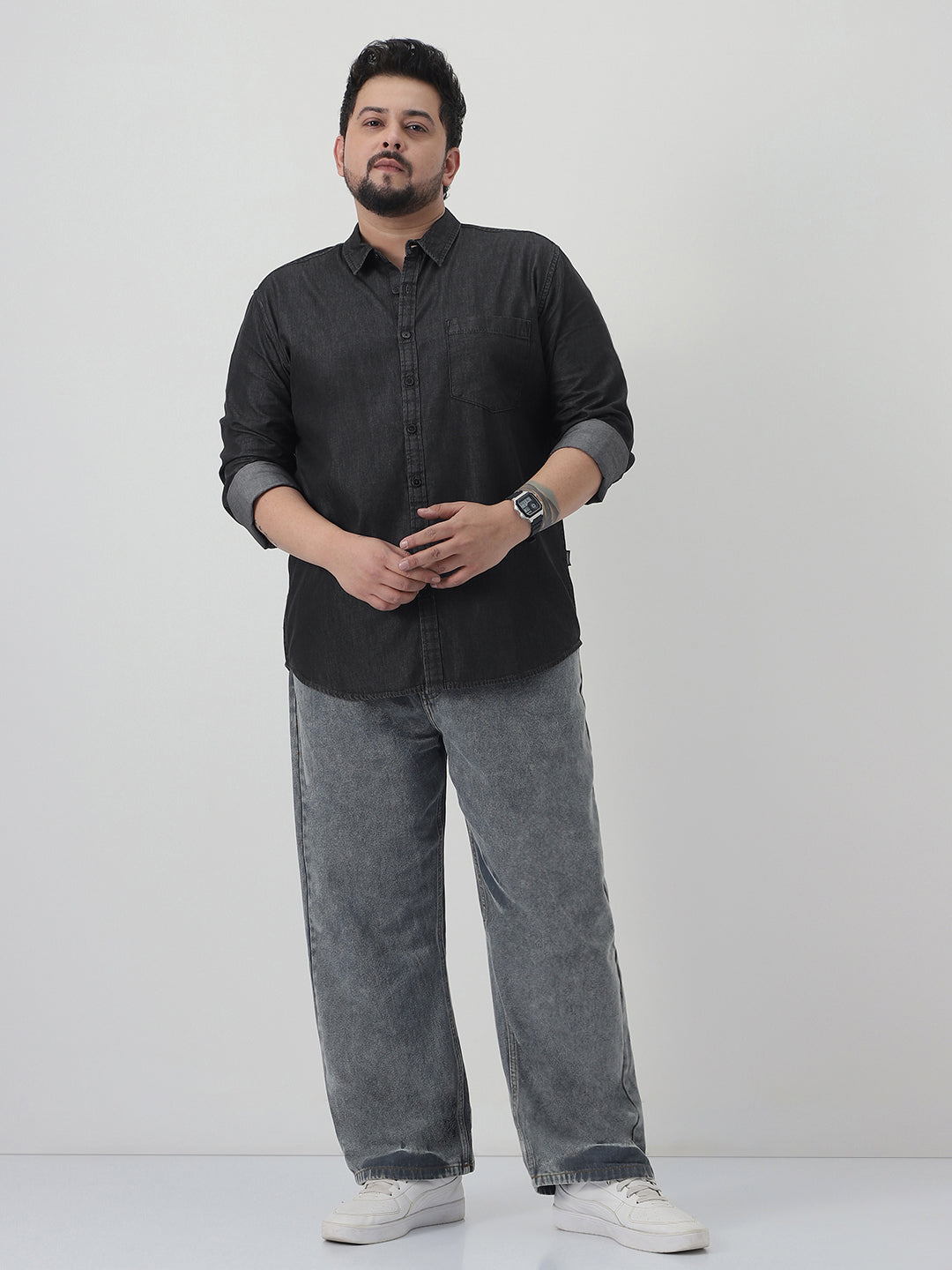 Plus Men's Black Regular Fit Full Sleeve Washed Denim Shirt