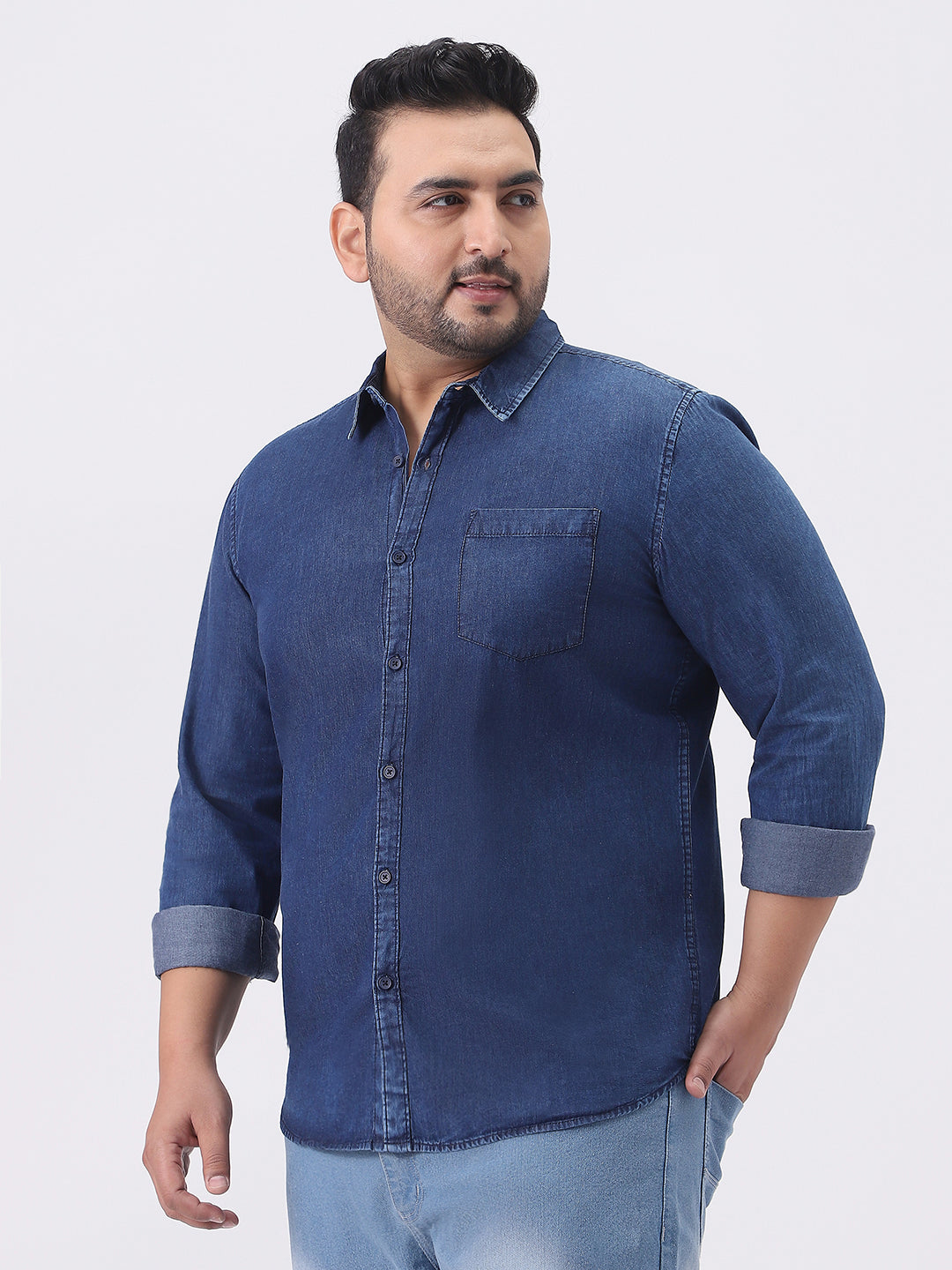 Plus Men's Dark Blue Regular Fit Full Sleeve Washed Denim Shirt