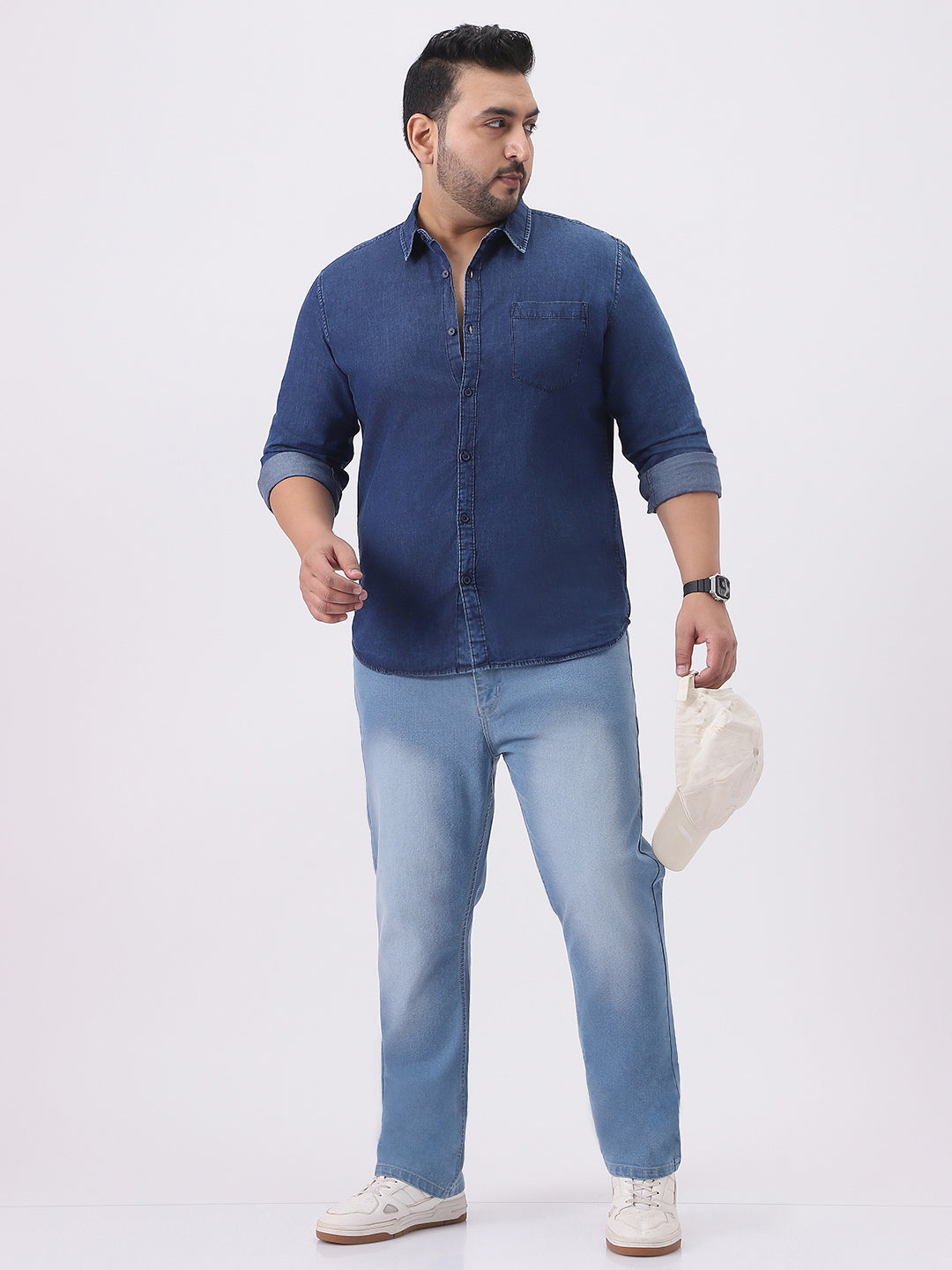 Plus Men's Dark Blue Regular Fit Full Sleeve Washed Denim Shirt