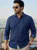Plus Men's Dark Blue Regular Fit Full Sleeve Washed Denim Shirt