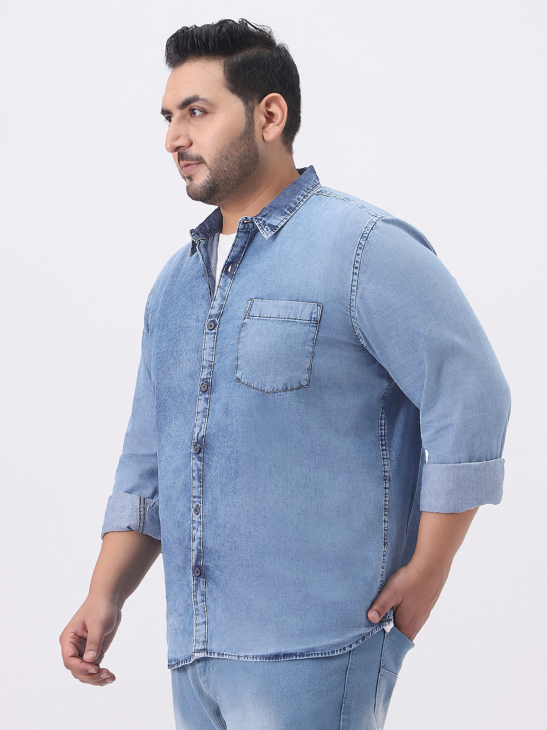 Plus Men's Ice Blue Regular Fit Full Sleeve Washed Denim Shirt