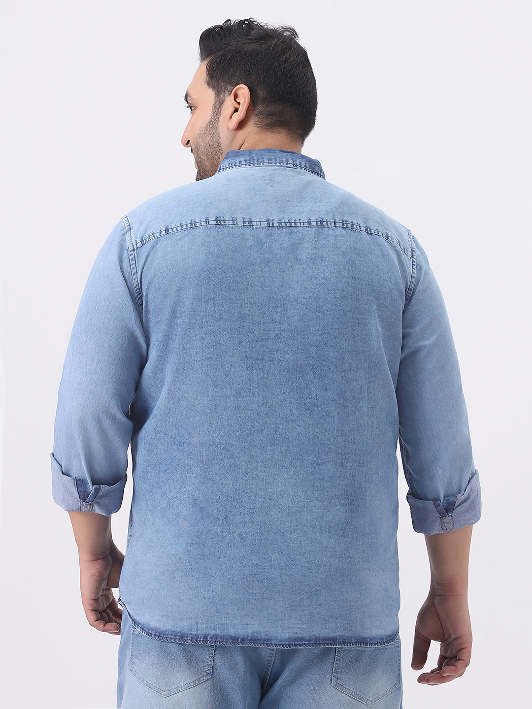 Plus Men's Ice Blue Regular Fit Full Sleeve Washed Denim Shirt