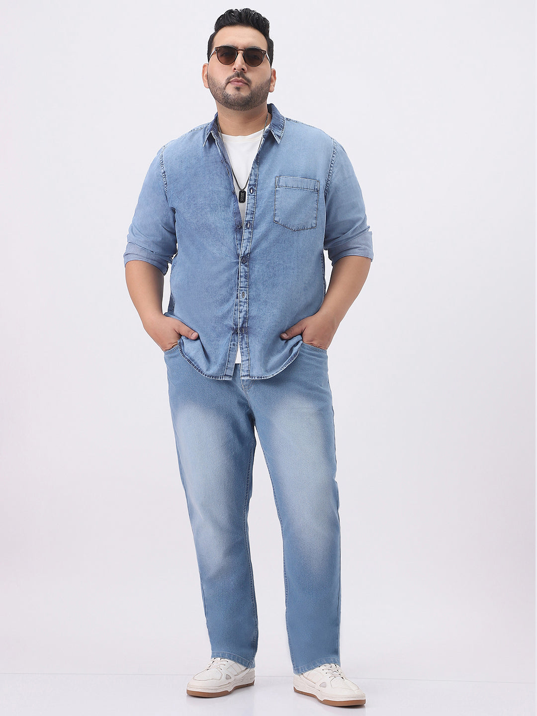 Plus Men's Ice Blue Regular Fit Full Sleeve Washed Denim Shirt