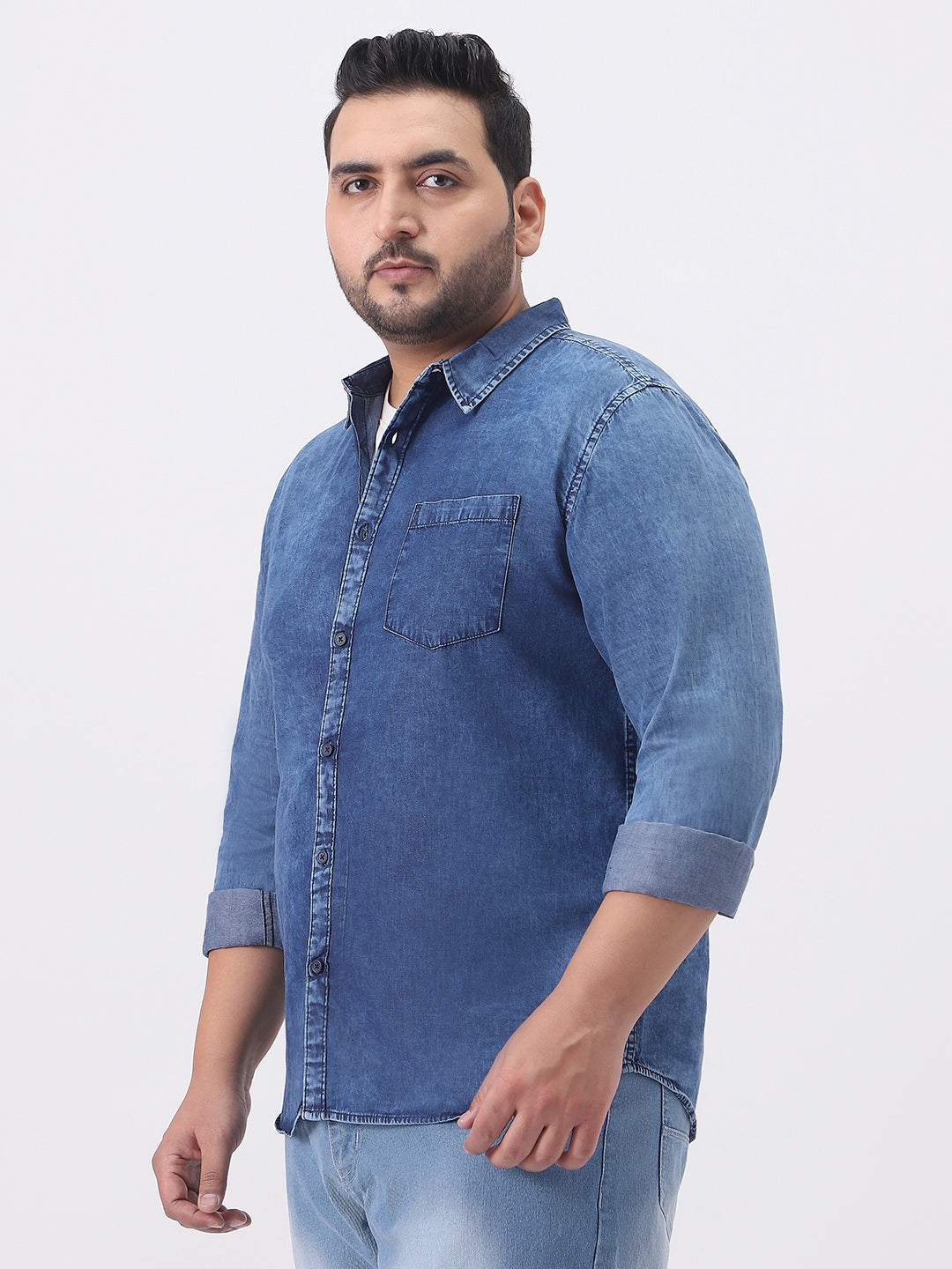 Plus Men's Blue Regular Fit Full Sleeve Washed Denim Shirt