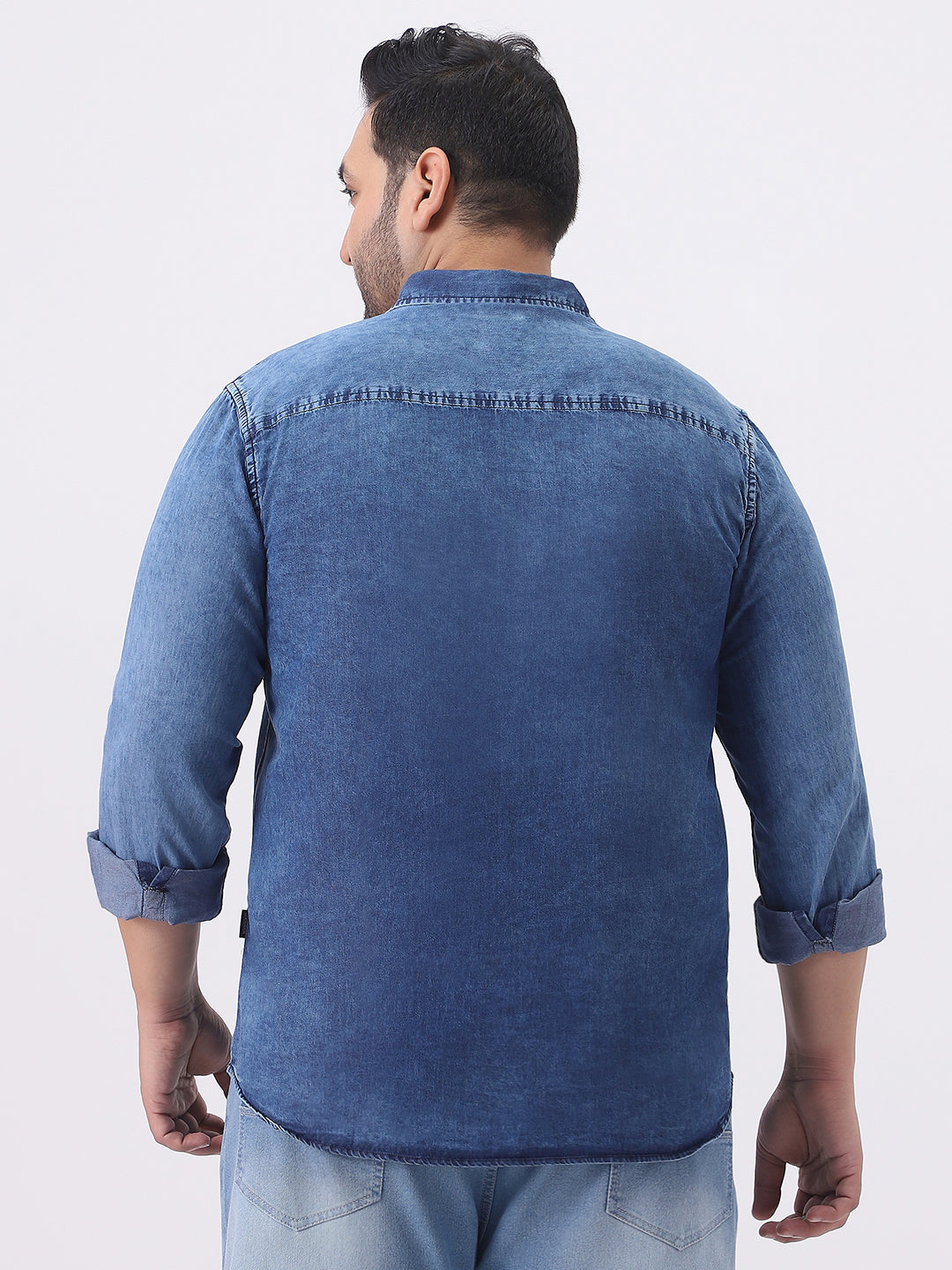 Plus Men's Blue Regular Fit Full Sleeve Washed Denim Shirt