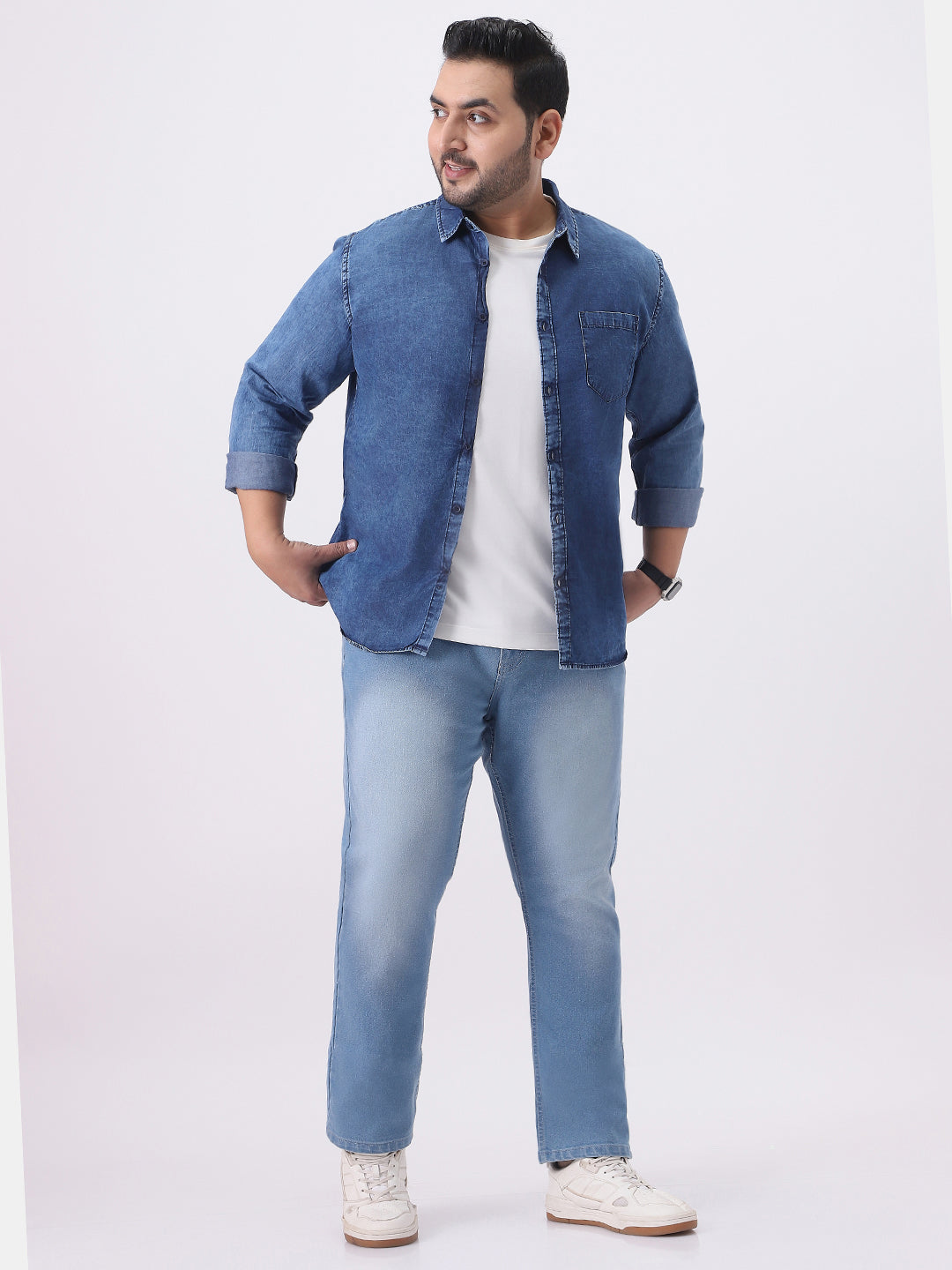 Plus Men's Blue Regular Fit Full Sleeve Washed Denim Shirt