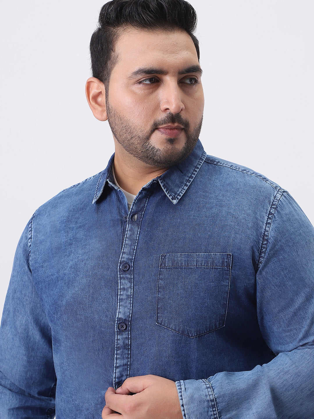 Plus Men's Blue Regular Fit Full Sleeve Washed Denim Shirt