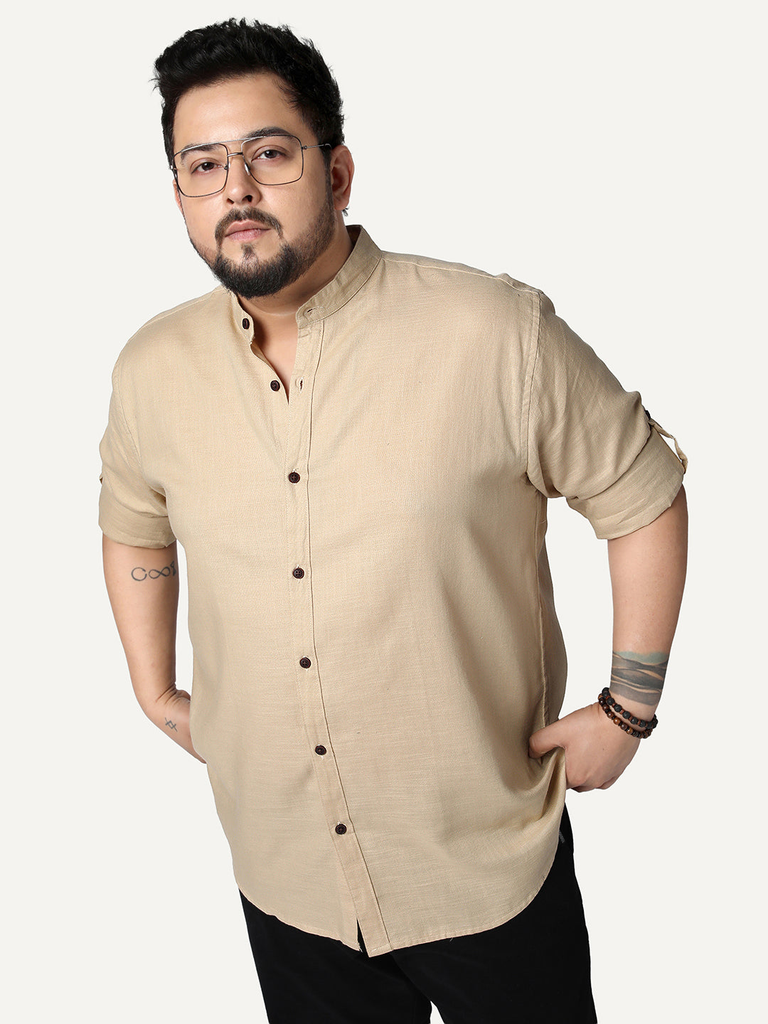 Plus Men's Beige Linen Blend Full Sleeve Relaxed Fit Mandarin Collar Casual Solid Shirt