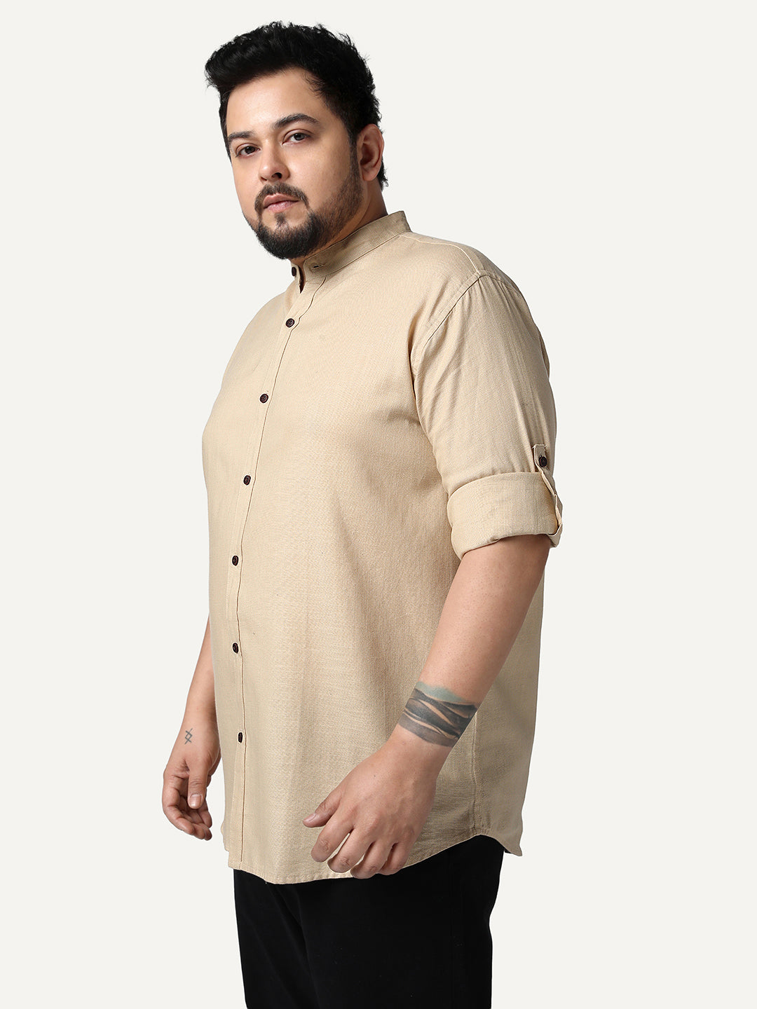 Plus Men's Beige Linen Blend Full Sleeve Relaxed Fit Mandarin Collar Casual Solid Shirt