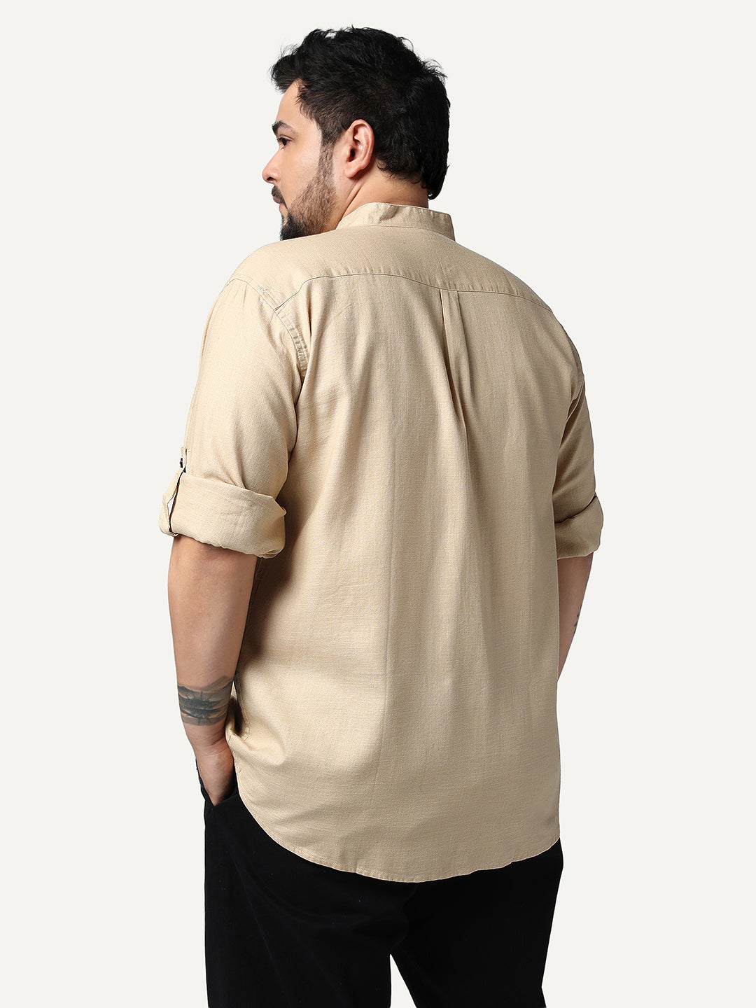 Plus Men's Beige Linen Blend Full Sleeve Relaxed Fit Mandarin Collar Casual Solid Shirt