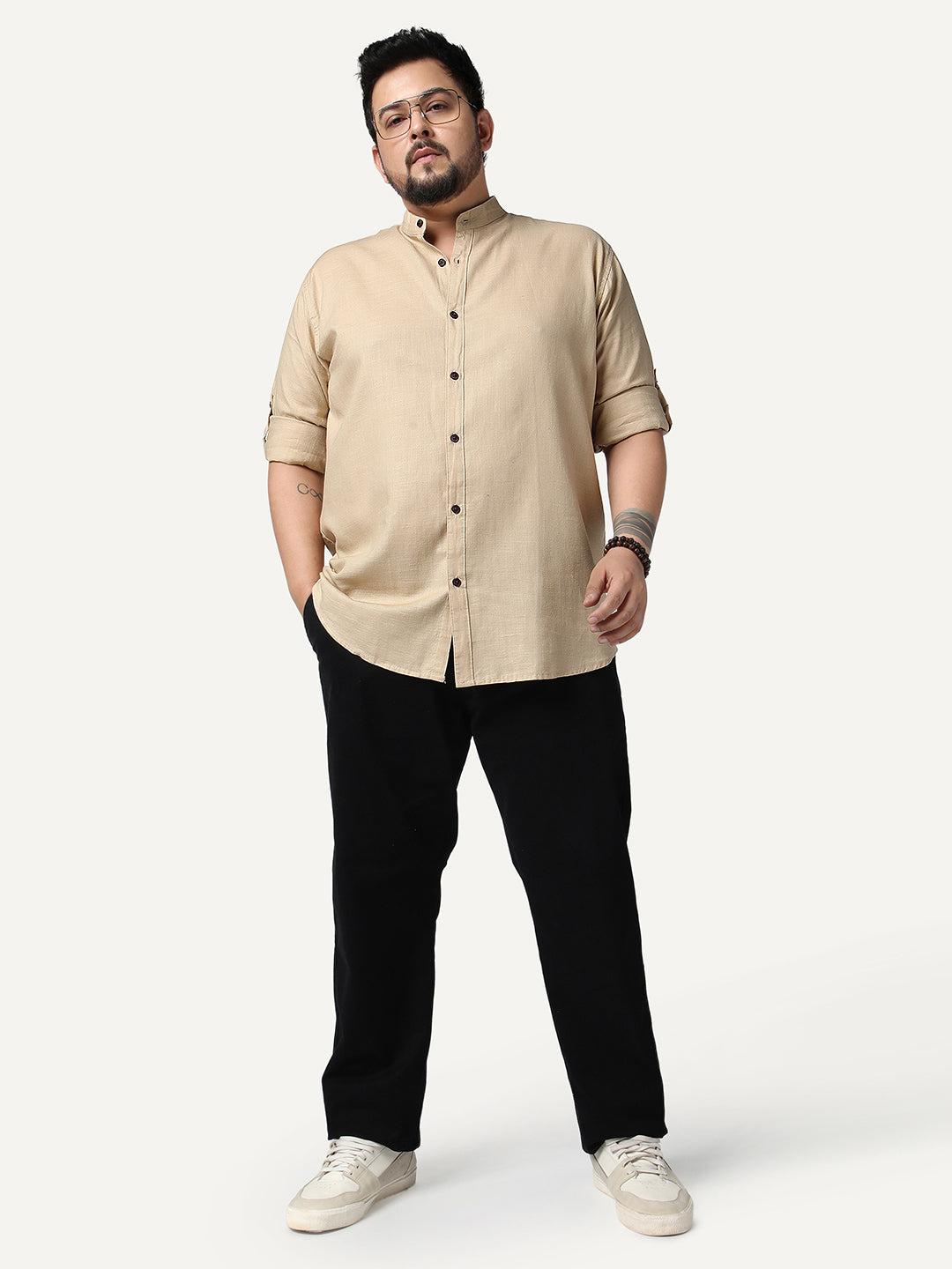 Plus Men's Beige Linen Blend Full Sleeve Relaxed Fit Mandarin Collar Casual Solid Shirt