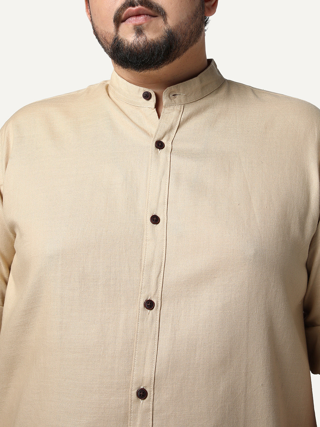 Plus Men's Beige Linen Blend Full Sleeve Relaxed Fit Mandarin Collar Casual Solid Shirt