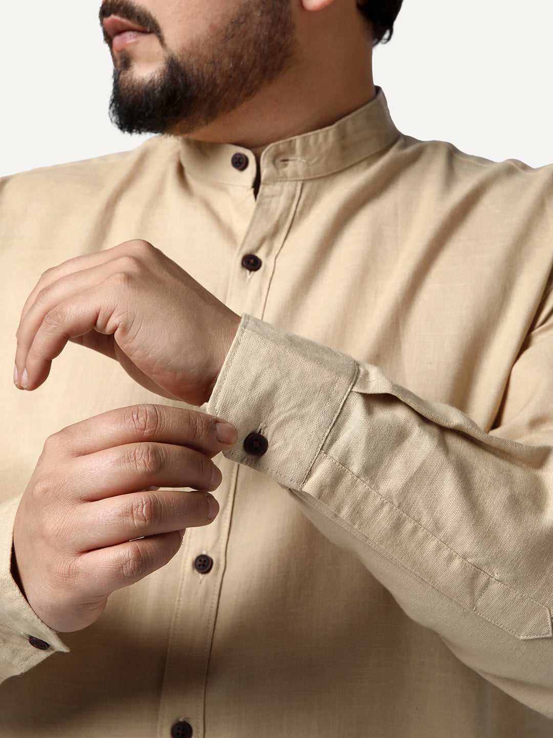 Plus Men's Beige Linen Blend Full Sleeve Relaxed Fit Mandarin Collar Casual Solid Shirt
