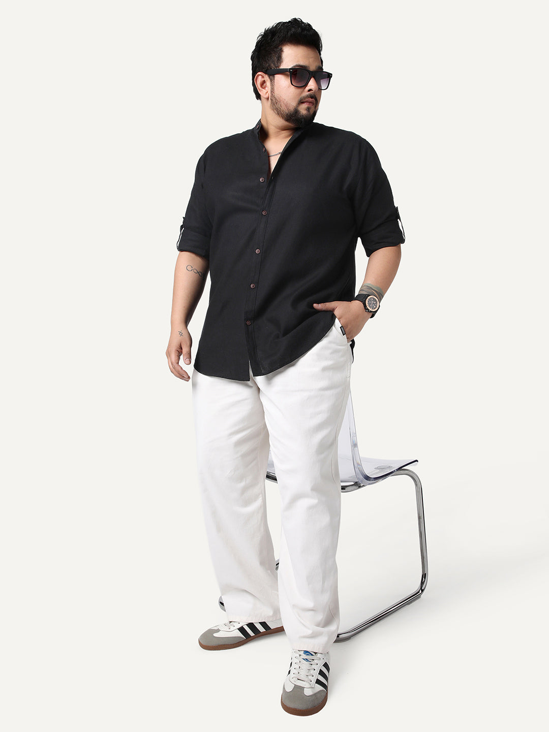 Plus Men's Black Linen Blend Full Sleeve Relaxed Fit Mandarin Collar Casual Solid Shirt