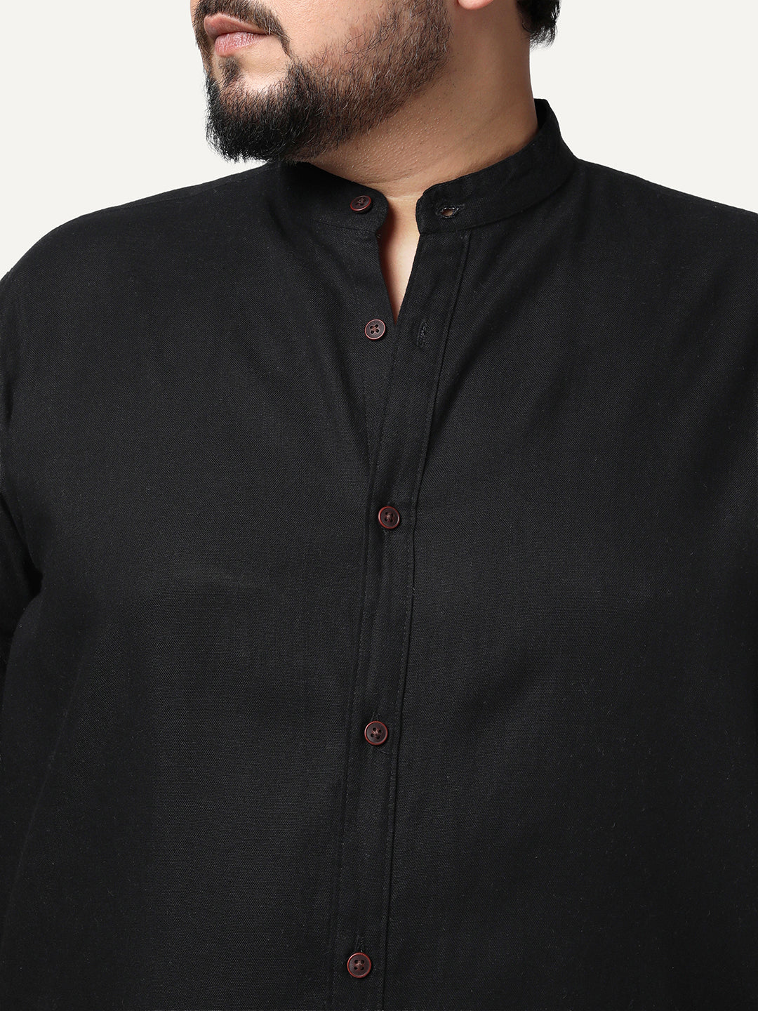 Plus Men's Black Linen Blend Full Sleeve Relaxed Fit Mandarin Collar Casual Solid Shirt