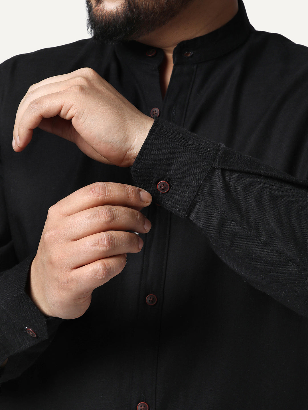 Plus Men's Black Linen Blend Full Sleeve Relaxed Fit Mandarin Collar Casual Solid Shirt