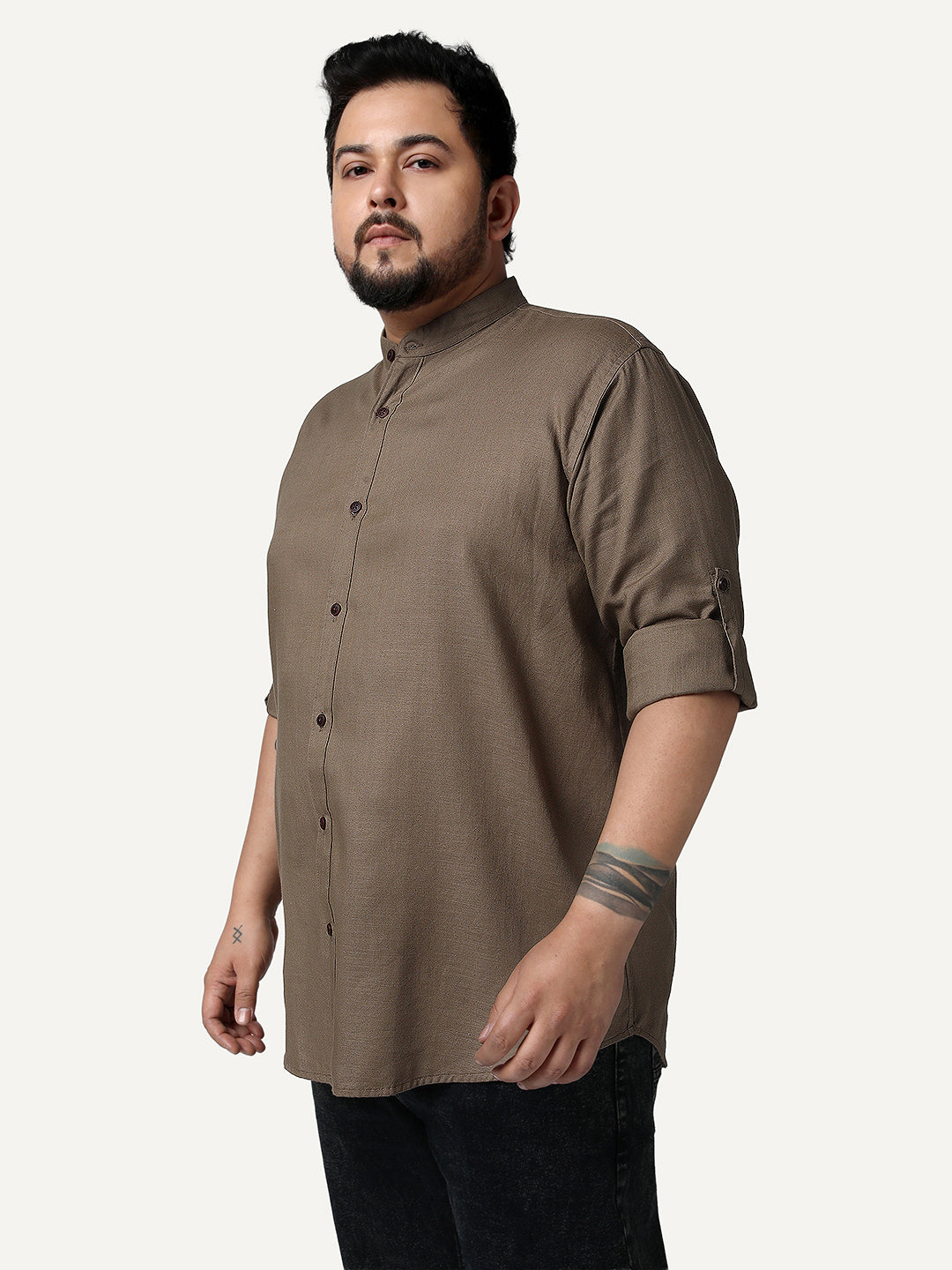 Plus Men's Coffee Linen Blend Full Sleeve Relaxed Fit Mandarin Collar Casual Solid Shirt