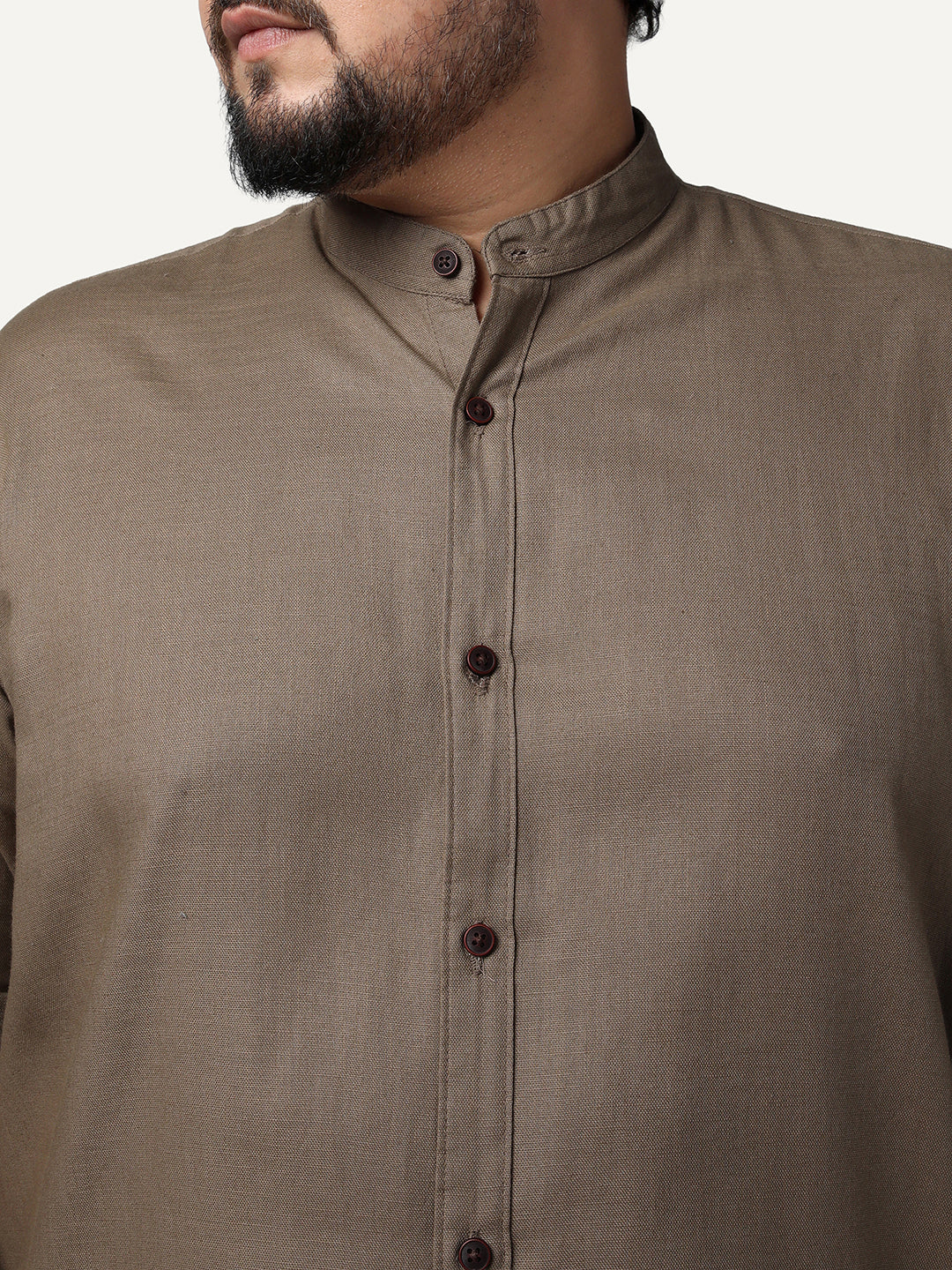 Plus Men's Coffee Linen Blend Full Sleeve Relaxed Fit Mandarin Collar Casual Solid Shirt