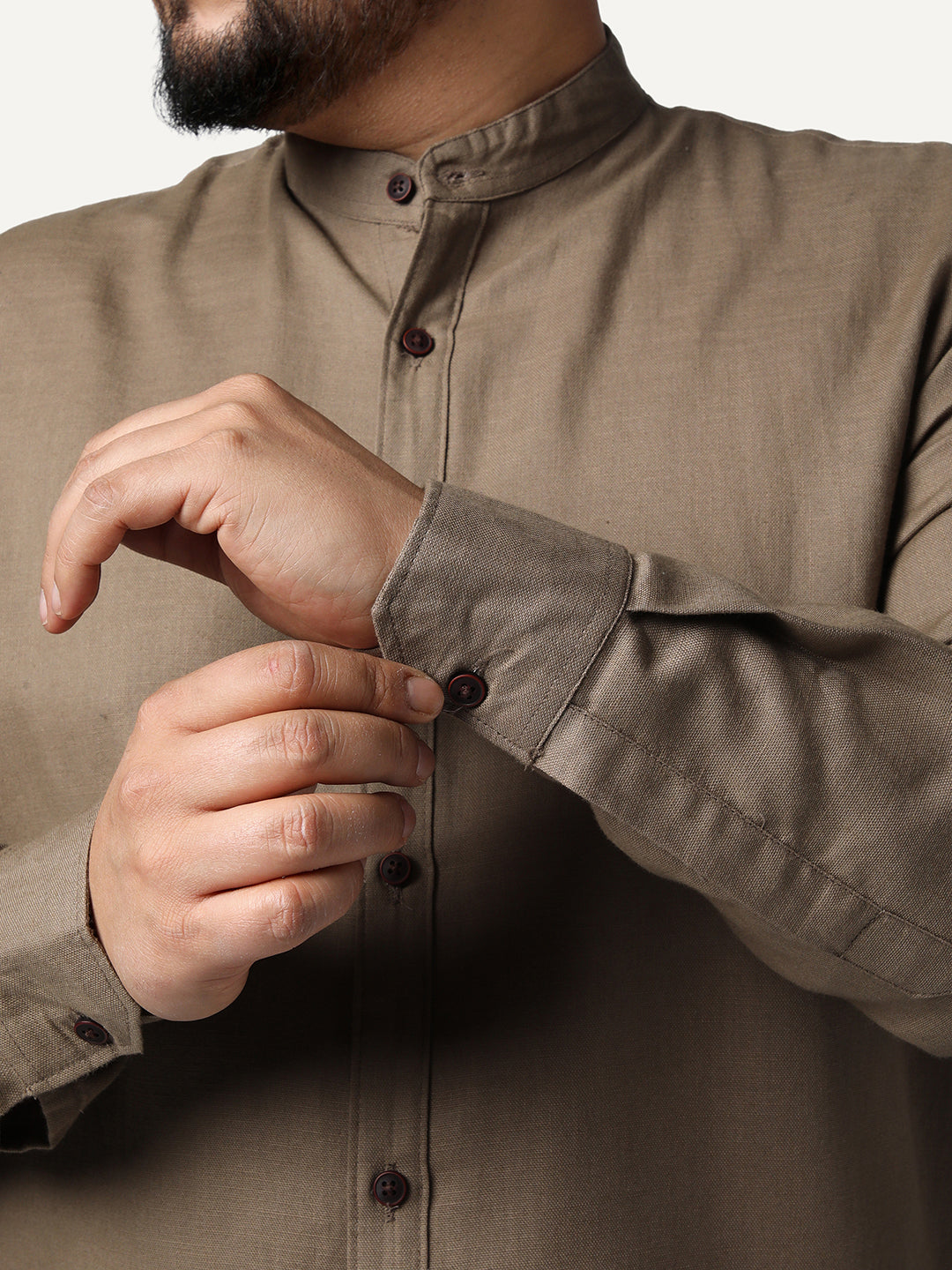 Plus Men's Coffee Linen Blend Full Sleeve Relaxed Fit Mandarin Collar Casual Solid Shirt