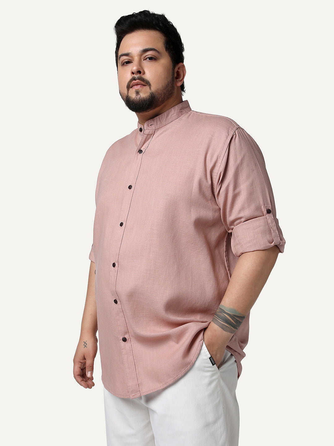 Plus Men's Dusty Pink Linen Blend Full Sleeve Relaxed Fit Mandarin Collar Casual Solid Shirt