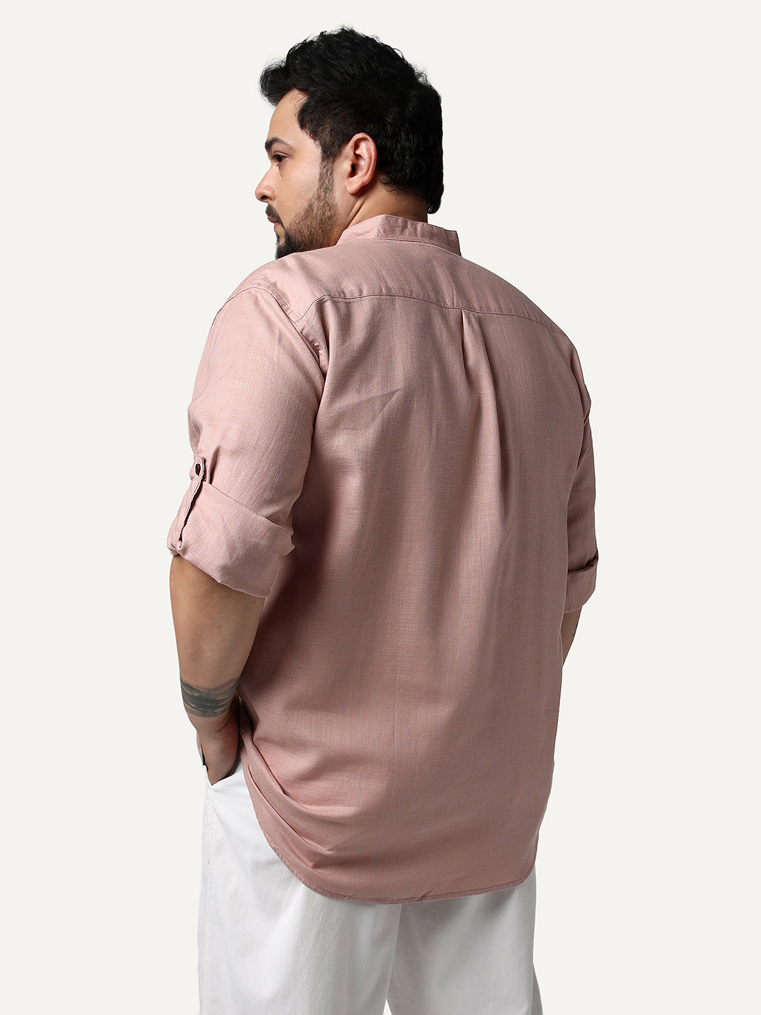 Plus Men's Dusty Pink Linen Blend Full Sleeve Relaxed Fit Mandarin Collar Casual Solid Shirt