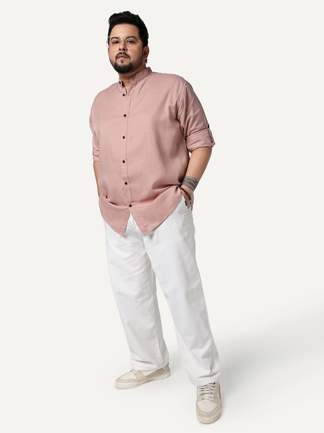 Plus Men's Dusty Pink Linen Blend Full Sleeve Relaxed Fit Mandarin Collar Casual Solid Shirt