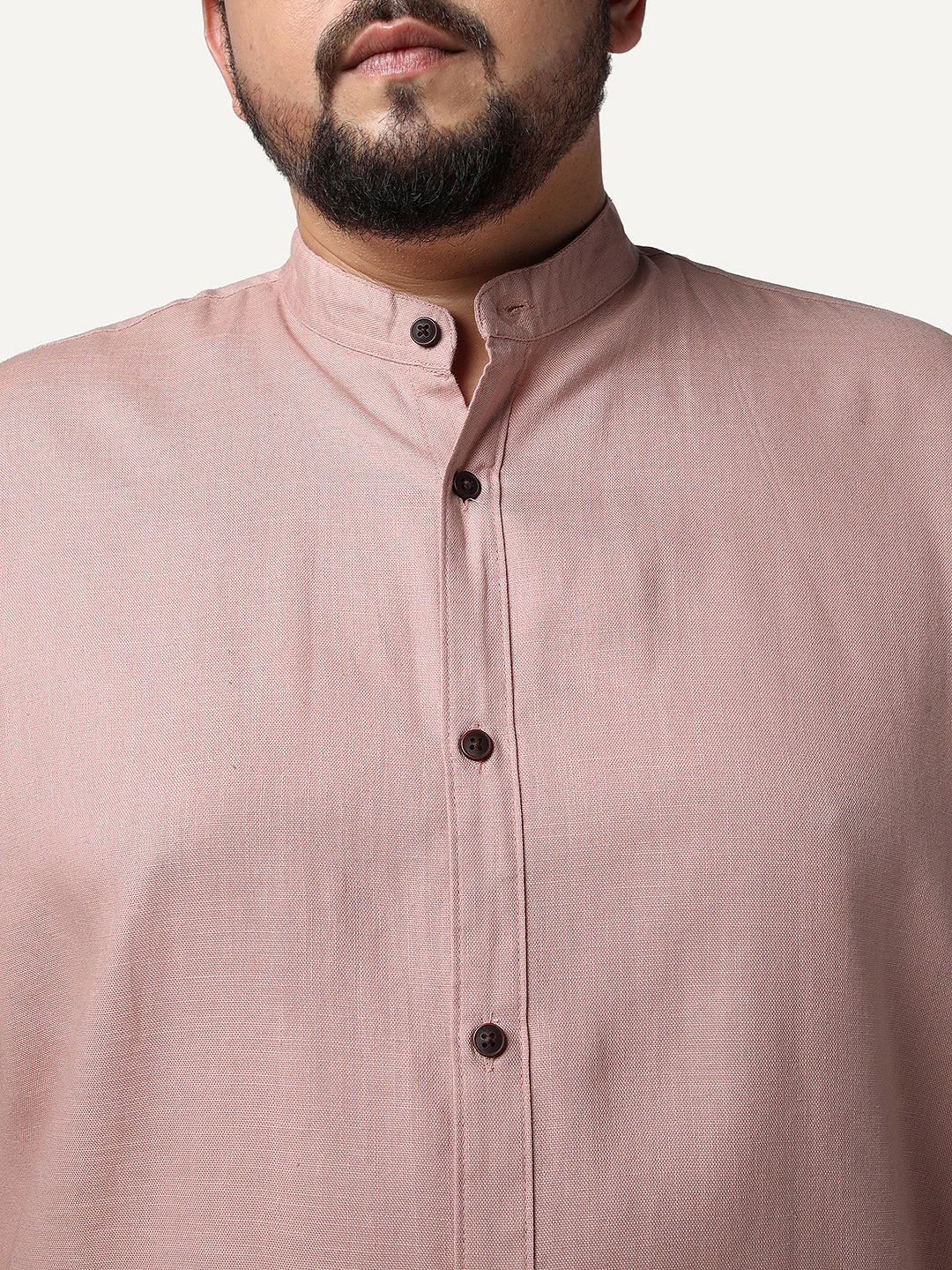 Plus Men's Dusty Pink Linen Blend Full Sleeve Relaxed Fit Mandarin Collar Casual Solid Shirt