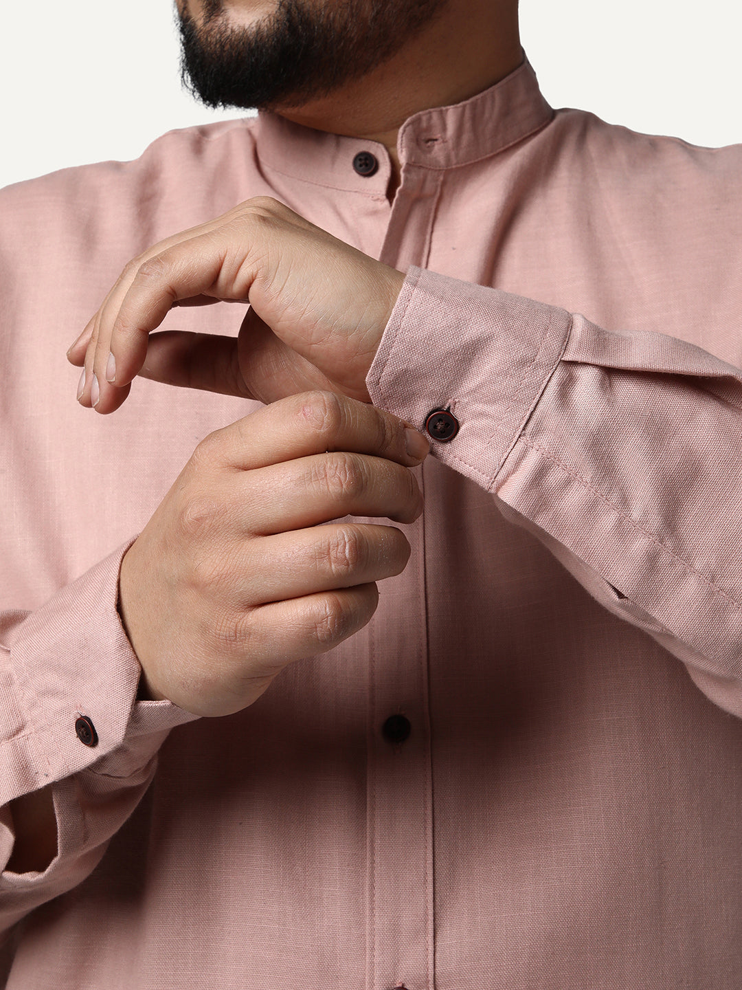 Plus Men's Dusty Pink Linen Blend Full Sleeve Relaxed Fit Mandarin Collar Casual Solid Shirt