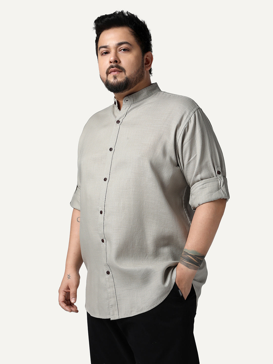 Plus Men's Grey Linen Blend Full Sleeve Relaxed Fit Mandarin Collar Casual Solid Shirt