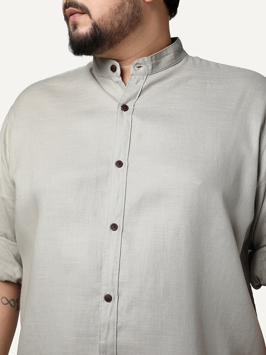Plus Men's Grey Linen Blend Full Sleeve Relaxed Fit Mandarin Collar Casual Solid Shirt