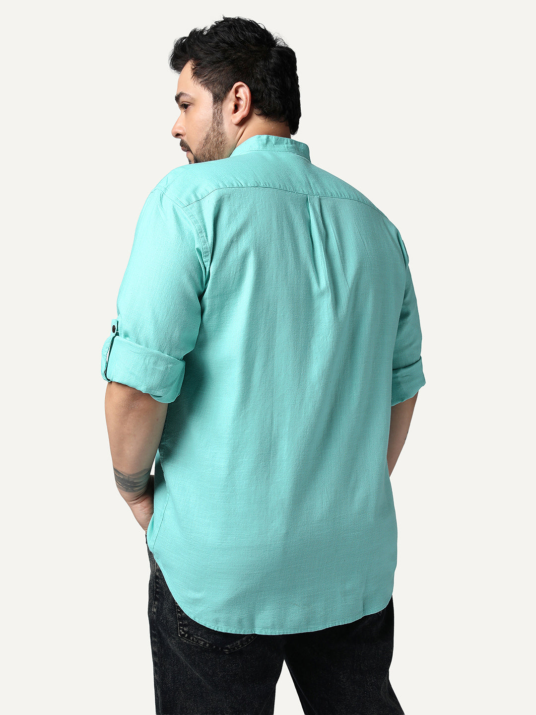 Plus Men's Light Teal Linen Blend Full Sleeve Relaxed Fit Mandarin Collar Casual Solid Shirt