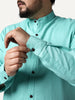 Plus Men's Light Teal Linen Blend Full Sleeve Relaxed Fit Mandarin Collar Casual Solid Shirt
