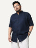 Plus Men's Navy Linen Blend Full Sleeve Relaxed Fit Mandarin Collar Casual Solid Shirt