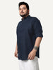 Plus Men's Navy Linen Blend Full Sleeve Relaxed Fit Mandarin Collar Casual Solid Shirt