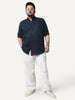 Plus Men's Navy Linen Blend Full Sleeve Relaxed Fit Mandarin Collar Casual Solid Shirt