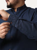 Plus Men's Navy Linen Blend Full Sleeve Relaxed Fit Mandarin Collar Casual Solid Shirt