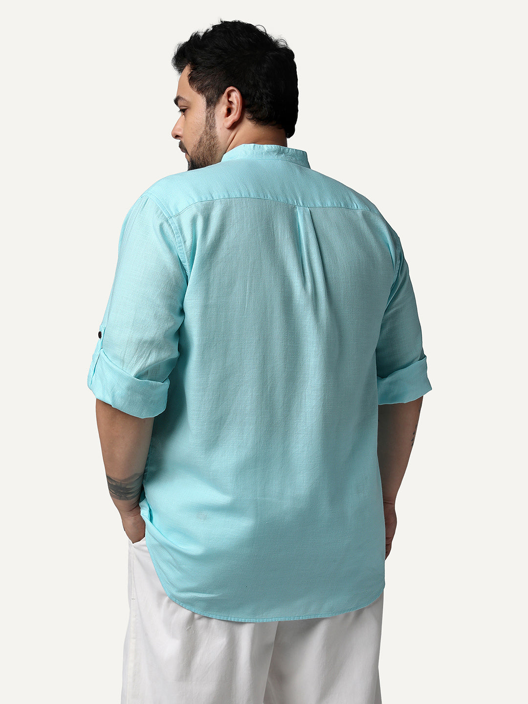 Plus Men's Sky Blue Linen Blend Full Sleeve Relaxed Fit Mandarin Collar Casual Solid Shirt