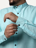 Plus Men's Sky Blue Linen Blend Full Sleeve Relaxed Fit Mandarin Collar Casual Solid Shirt