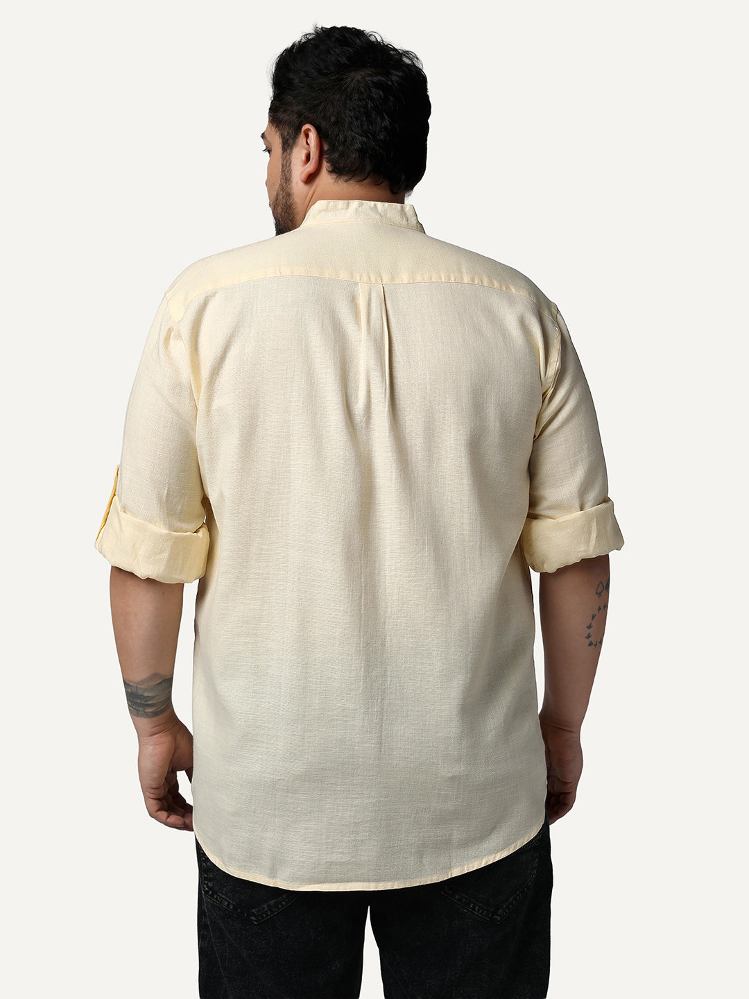 Plus Men's Tender Yellow Linen Blend Full Sleeve Relaxed Fit Mandarin Collar Casual Solid Shirt